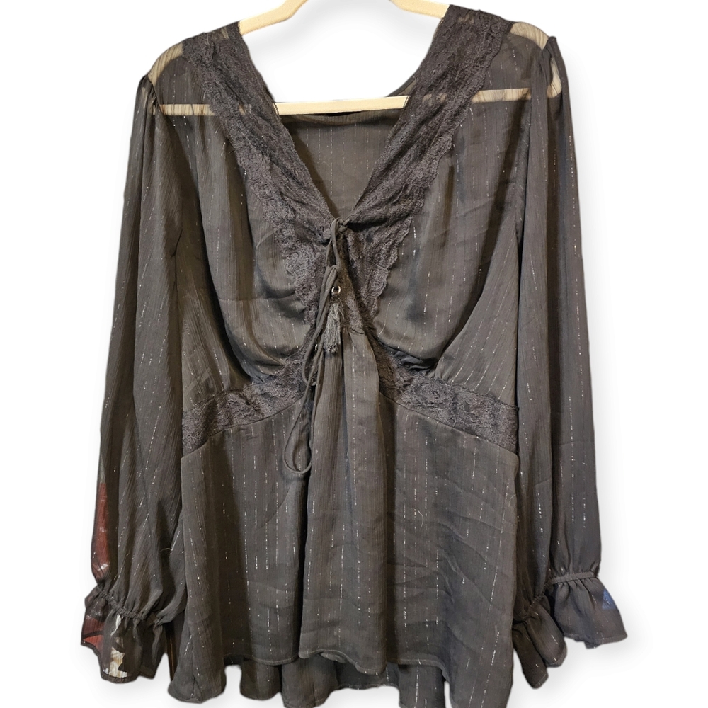 Torrid Sheer Surplice V Neck Blouse with Metallic Thread Stripes